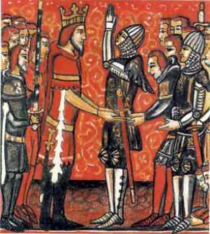 Roland pledges his fealty to Charlemagne; from a manuscript of a chanson de geste, c.14th.c.
